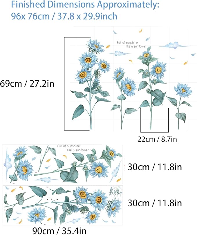 3D Sunflower Wall Decals Butterfly Stickers, Removable Blue Flower Butterfly Wall Decor Sunflower Wallpaper Window Clings Water Bottle Stickers for Kids Girls Room Kitchen Nursery Party