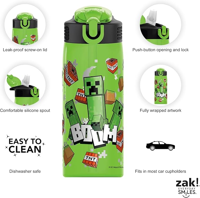 Zak Designs Minecraft Water Bottle For School or Travel, 25 oz Durable Plastic Water Bottle With Straw, Handle, and Leak-Proof, Pop-Up Spout Cover (Creeper)