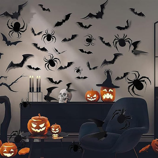 Bat Wall Stickers Decals Removable Halloween Wall Decor Black Gothic Bats Ghost Spider Web Wall Stickers for Wall Glass Mirror Living Room Home Bathroom Kitchen Halloween Party Favor Supplies