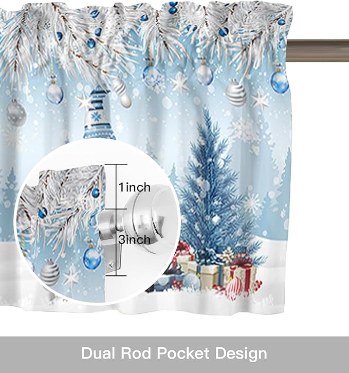 Vandarllin Christmas Gnome Kitchen Curtains and Valances Set, Winter Merry Christmas Tree Balls Windows Treatments Tiers Half/Short Curtains for Small Windows Cafe/Living Room/Bedroom 54x24 in Blue