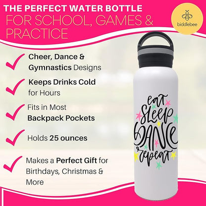 Biddlebee Dance Water Bottle, 25 oz. Stainless Steel Insulated, Dancer Gifts, Perfect for Competition, Recital, School, Work, Gym, Home