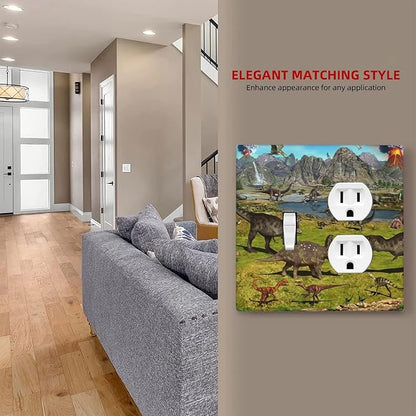 Cute Dinosaur Combo Single Toggle 1 Duplex Outlet Light Switch Wall Plate Cover Decorative 2-Gang for Electrical Boys Kids Room Bathroom Bedroom Home Kitchen One Receptacle 4.5" x 4.6"