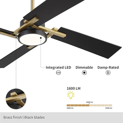 WINGBO 56 Inch DC Ceiling Fan with Lights and Remote, 4 Plywood Blades, 6-Speed Reversible DC Motor, Dimmable, 3CCT, Farmhouse Ceiling Fan for Bedroom Living Room Kitchen, Brass and Black