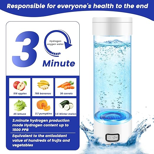 2024 Hydrogen Water Bottle, Portable Rechargeable Hydrogen Water Bottles Generator with SPE PEM Hydrogen Oxygen Separation Technology, 3 Min Quick Electrolysis, for Home Travel Office (White)