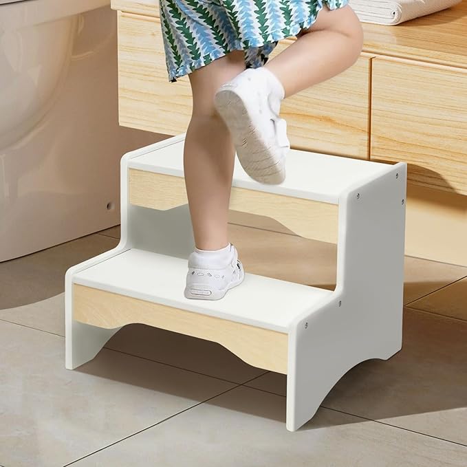 Wooden Toddler Step Stool, 2 Step Stool for Kids Bathroom Sink, White Potty Step Stool for Kids, Child Stepping Stool for Kitchen Nursery Bedroom Dual Height, Sturdy Non Slip for Adult Kids