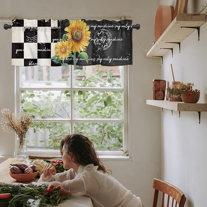 Vandarllin Buffalo Plaid Kitchen Curtains Valances for Windows Farmhouse Sunflower Rod Pocket Window Treatment for Kitchen/Living Room/Bedroom/Bathroom,60" X 18" -1 Panel, Autumal Wild Flower