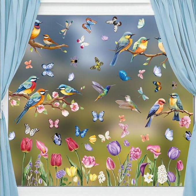 9PCS Summer Window Stickers, Spring Flower Bird Butterfly Tree Branches Glass Window Cling Stickers Cartoon Decoration Stickers for Living Room Office Home Party Supplies Shop