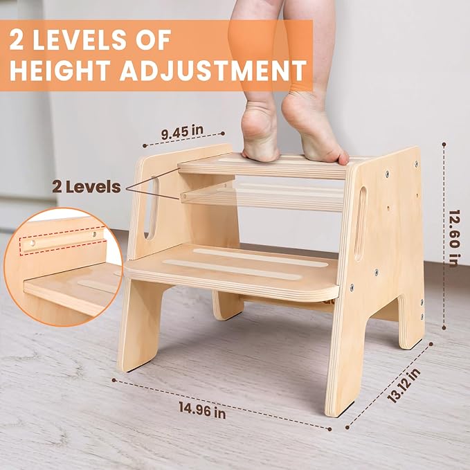 Toddler Step Stool, Wooden Height-Adjustable 2-Step Stool for Kids, Potty Training Stool with Handles for Bathroom Sink, Kitchen, Bedroom