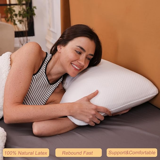 100% Natural Talalay Premium Latex Pillow, Removable Cotton Cover Latex Bed Pillows for Sleeping (Medium Firm, Standard Size)