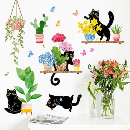 Mfault Spring Summer Potted Plant Black Cat Wall Decals Stickers, Kitty Geranium Flower Cactus Bonsai Vine Decoration Bedroom Art, Floral Succulent Botanical Seasonal Home Kitchen Decor Party Supplies