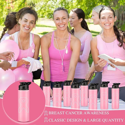 12 Pieces Breast Cancer Awareness Gifts Aluminum Water Bottles Pink Ribbon Breast Cancer Gift for Women Leak Proof Lightweight Portable Bottles for Marathon Running (Stylish Style,25 oz)