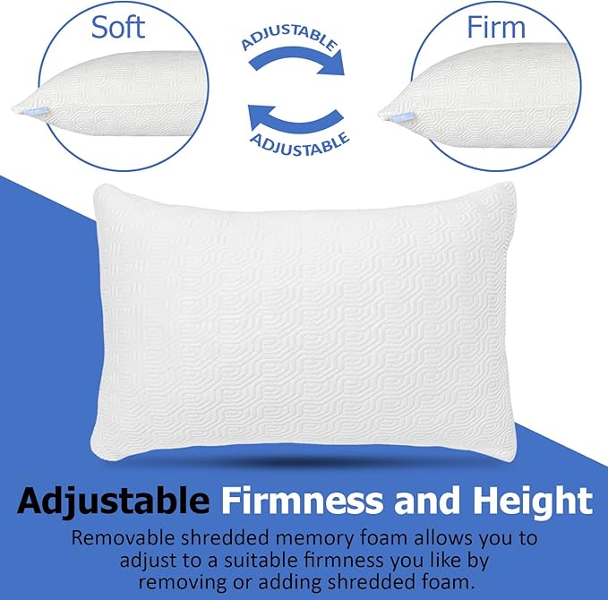 2 Pack Queen Size Rayon Derived from Bamboo Pillows for Sleeping, Cooling Shredded Memory Foam Pillow Sets for Back, Side, Stomach Sleepers, Adjustable, Removable Cover, Queen (Pack of 2)