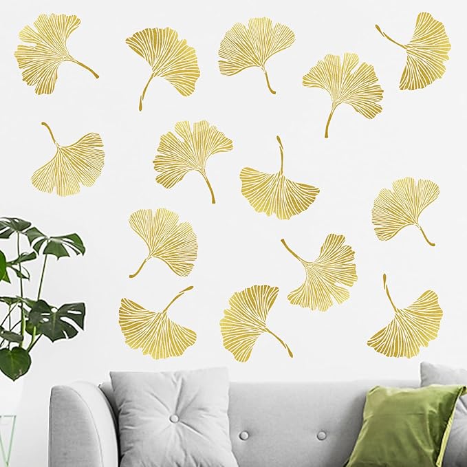 Mfault Gold Leaves Wall Decals Stickers, Ginkgo Leaf Botanical Living Room Decorations Bedroom Art, Plant Home Kitchen Bathroom Decor