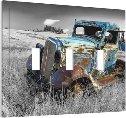 Vintage Country Old Blue Truck 3 Gang Light Switch Plate Decorative Rustic Automobile Triple Toggle Wall Plate Cover Electrical Faceplate Switchcover for Bathroom Bedroom Home Art Panel Decor