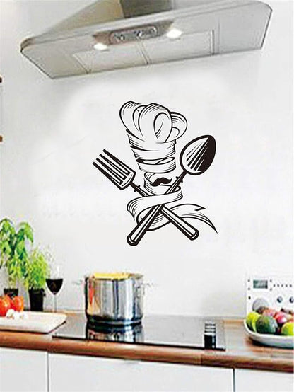 Whimsical Chef Wall Sticker: Kitchen Wall Art with Fork, Spoon, Chef Hat - Vinyl Décor Decal to Spruce Up Your Home Mural - Add a Touch of Culinary Charm Effect 17"x19"inch(Black-JZY048-Chef)