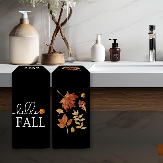 Black Fall Kitchen Towels Set of 2, Black Autumn Fall Dish Towels, Black Hello Fall Maple Leaves Decorative Hand Towels for Kitchen Bathroom, Fall Leaves Home Bathroom Kitchen Decor(16x24 Inch)