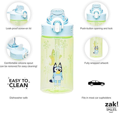 Zak Designs Sage Bluey Kids Water Bottle For School or Travel, 16oz Durable Plastic Water Bottle With Straw, Handle, and Leak-Proof, Pop-Up Spout Cover (Bluey & Bingo)