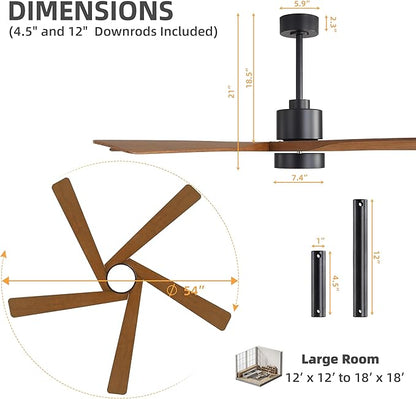 WINGBO 54" ABS DC Ceiling Fan with Lights, 5 Blade ABS Plastic Ceiling Fan with Remote, 6-Speed Reversible DC Motor, LED Ceiling Fan for Kitchen Bedroom Living Room, Black and Walnut