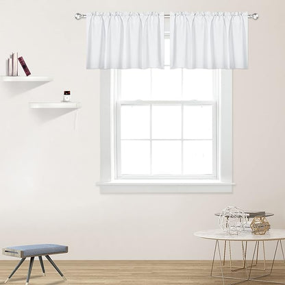 White Valance for Windows 42x18 Inch Solid Thermal Insulated Blackout Rod Pocket Kitchen Short Curtain Toppers Valance for Bathroom Living Room 2 Panels