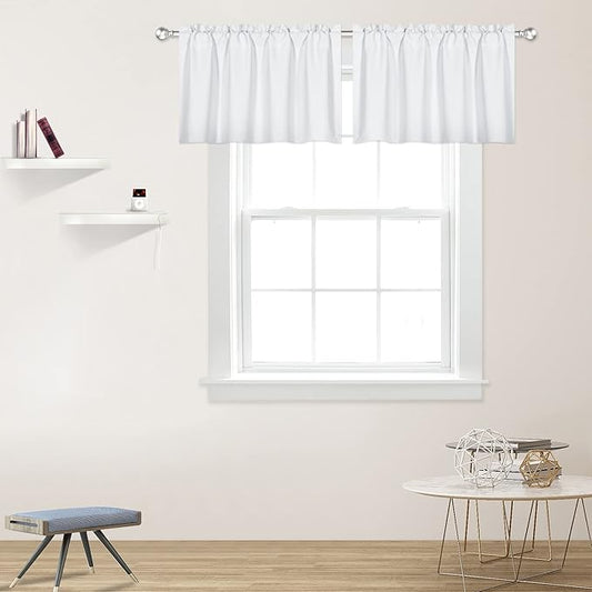 White Valance for Windows 42x18 Inch Solid Thermal Insulated Blackout Rod Pocket Kitchen Short Curtain Toppers Valance for Bathroom Living Room 2 Panels