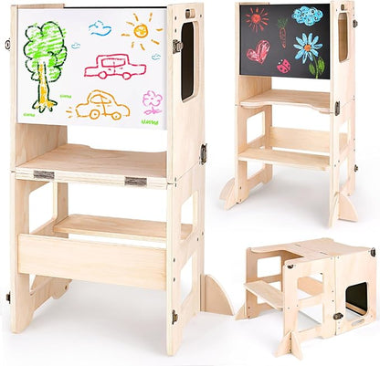 4-in-1 Toddler Kitchen Step Stool, Foldable Learning Standing Tower with Black&White board, Wooden Kitchen Stool Helper for Kids, 1-3 Year Old Boy Girl Gifts