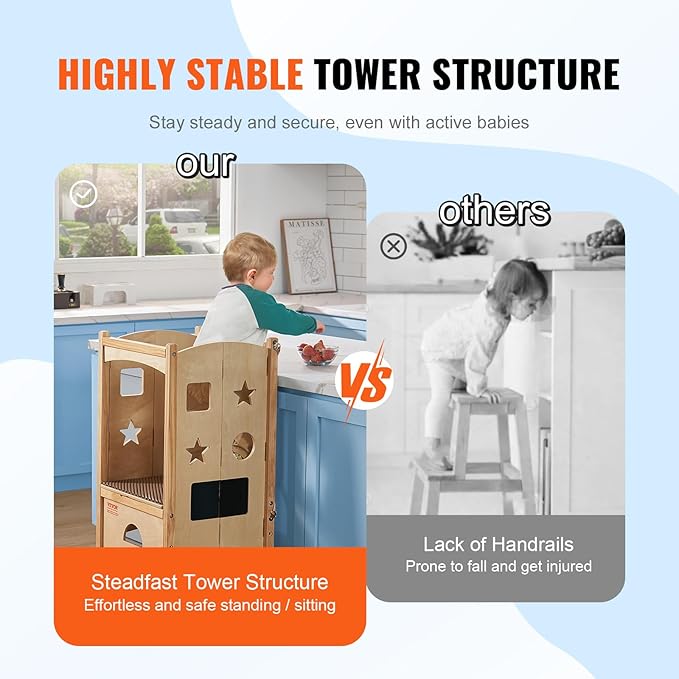 VEVOR Folding Step Stool for Toddlers, Adjustable 3-Height Kids Kitchen Helper, Natural Solid Wood Standing Tower Learning Stool with Safety Guard for Bedroom Bathroom, 125LBS Loading