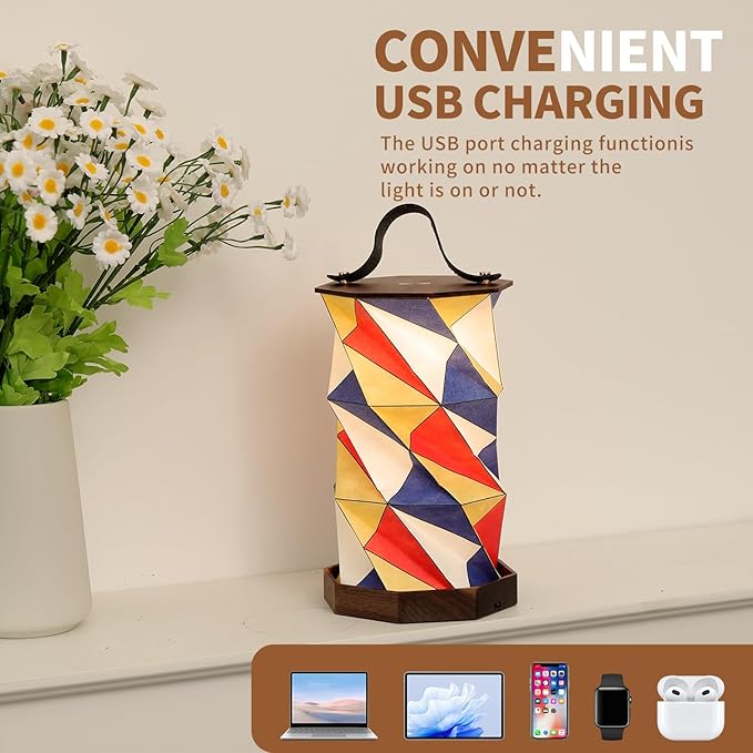 Bedside Solid Wood Table Lamp, Dimmable Touch Lamp USB C Charging Ports, Battery Operated Lamp with Handle, Rotating Folding Table Light for Home&Library Decoration (Geometric Pattern)