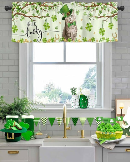 Vandarllin Lucky Cat St. Patrick's Day Kitchen Curtains Valances for Windows Green Spring Shamrocks Tree Rod Pocket Window Treatment for Kitchen/Living Room/Bedroom/Bathroom, 42" X 18",