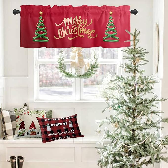 Vandarllin Merry Christmas Valance Kitchen Curtains for Windows, Christmas Tree Rod Pocket Valances Window Treatments Winter Holidays Short Curtains for Bedroom/Living Room, 54" X 18" -1 Panel