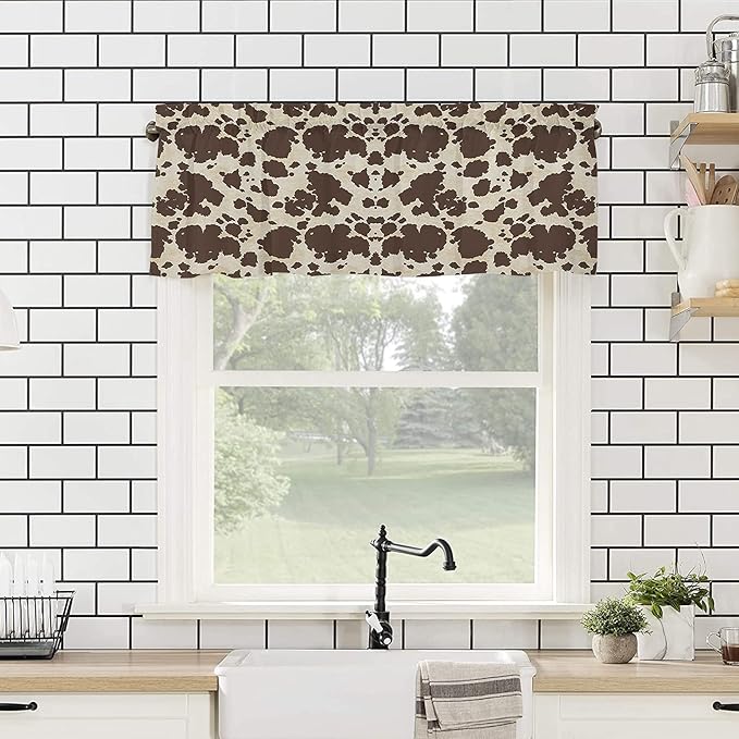 Vandarllin Kitchen Curtains and Valances Set,Brown Cowhide Cow Print Window Treatments Tiers Graffie Semi Sheer Half/Short Curtains for Small Windows Cafe/Living Room/Bedroom 54x36 in, 3-Piece