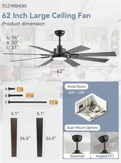 62 inch Large Ceiling Fans with Lights and Remote, Indoor/Outdoor Black Modern Ceiling Fan for Kitchen Living Room Patio, 6 Speed Reversible Quiet DC Motor, 3 CCT, Dual Finish 8 Blades