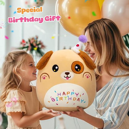 14'' Happy Birthday Puppy Soft Plush Pillow,Cute Birthday Dog Plush,Kawaii Dog Stuffed Animal,Happy Birthday Plush Toy Birthday Party Decoration Birthday Gifts for Kids Boys Girls