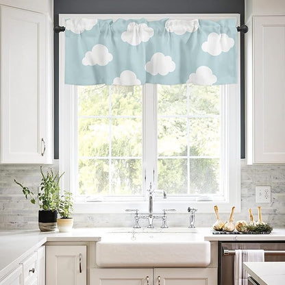 Valance Curtains for Kitchen Window, Blue White Cloud Cartoon Kids Rod Pocket Valances Window Treatments Short Curtains for Bedroom/Living Room,54" X 18" -1 Panel,