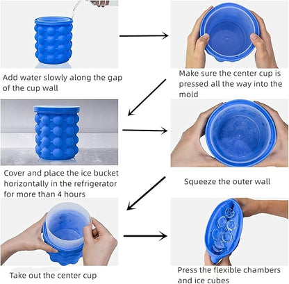 (2 in 1) Ice Cube Maker, Round,Portable .Silicone ice Bucket and ice Mold with lid, Portable Silicon Ice Cube Maker(Blue)