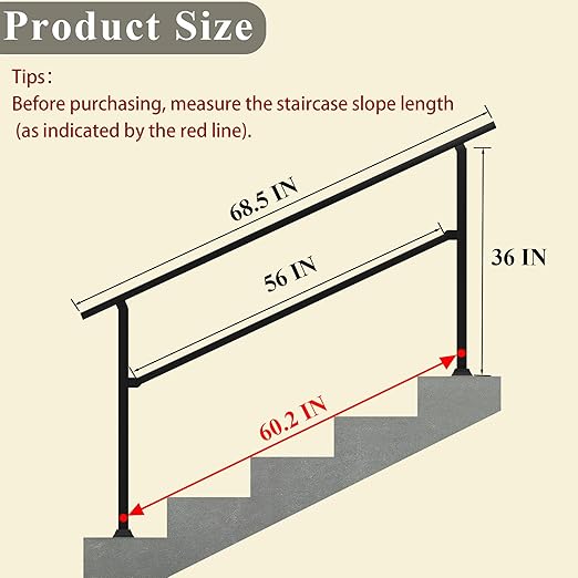 Stair Railing Indoor Outdoor, 68.5" x 36" Fits 4-5 Steps Stair Handrail, Metal Black Railings for Porch Deck Railing, Easy Install Stair Handrail for Home and Commercial Use﻿(1 Pack)