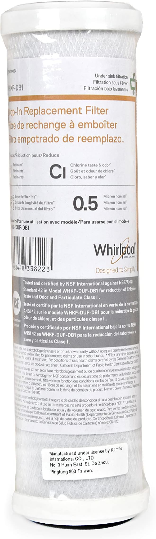 Whirlpool Under Sink Carbon Block Filter WHKF-DB1, NSF Certified 0.5 Micron Rating Reduces Chlorine Taste & Odor, 6-Month Lasting Life, Use for Home Drinking Water Filtration or Reverse Osmosis System