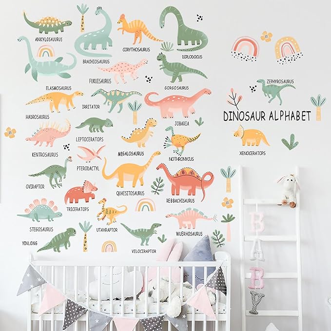 Boho Dinosaur Wall Decals Dino Palm Tree Wall Stickers Dinosaur Room Decor for Boys Kids Adult Bedroom Living Room Nursery Classroom Bathroom Home Decoration