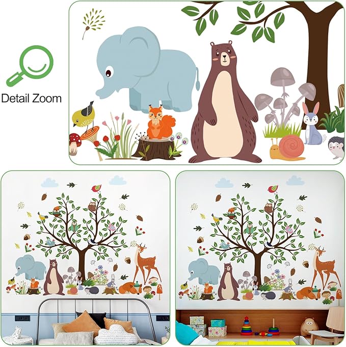 AM AMAONM Removable Jungle Animals Fox Deer Elephant Birds Lion Wall Decals DIY Tree and Leaves Wall Sticker Peel and Stick Home Wall Art Decor for Kids Baby Boys Nursery Bedroom Classroom (39144)