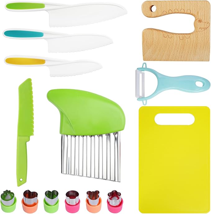 14 PCS Wooden Kids Kitchen Knife,4 PCS Plastic Knife Set Serrated Edges Toddler Knife,Crinkle Cutter,Peeler Potato Slicers,Cutting Board,Kitchen Children-DIY Mold,Kids Knives For Real Cooking