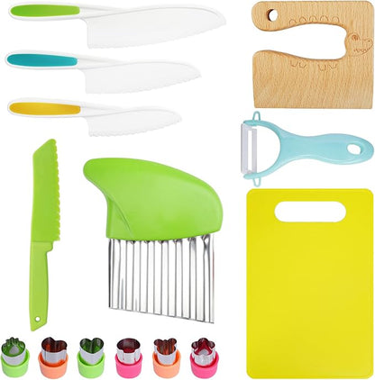 14 PCS Wooden Kids Kitchen Knife,4 PCS Plastic Knife Set Serrated Edges Toddler Knife,Crinkle Cutter,Peeler Potato Slicers,Cutting Board,Kitchen Children-DIY Mold,Kids Knives For Real Cooking