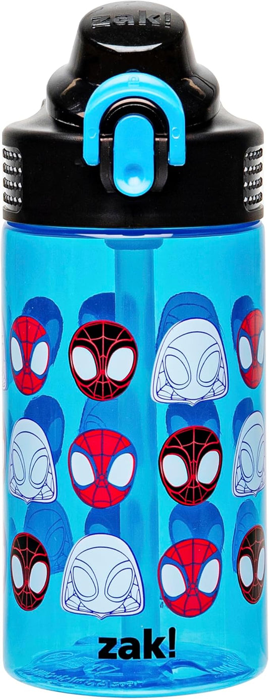 Zak Designs Sage Marvel Spider-Man Water Bottle For School or Travel, 16oz Durable Plastic Water Bottle With Straw, Handle, and Leak-Proof, Pop-Up Spout Cover (Spidey and His Amazing Friends)