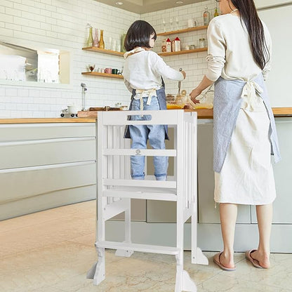 WOOD CITY Montessori Foldable Standing Tower- Kitchen Step Stool Helper for Toddlers with Safety Rail, Height Adjustable Ideal Helper for Learning New Skills(White