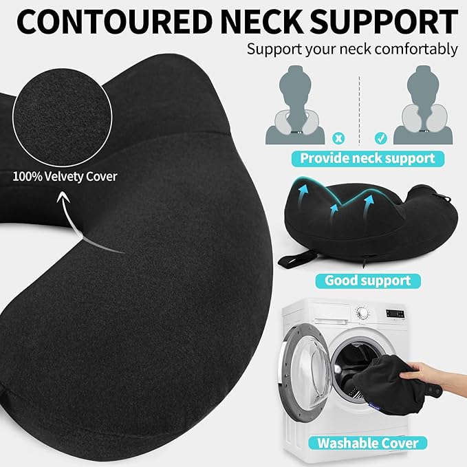 2 Pack Inflatable Travel Neck Pillow for Airplane, 360° Head Support Velvet Adult Neck Pillow for Long Flight, Removable Washable Cover, Kit with Eye Masks, Earplugs & Storage Bag, Black