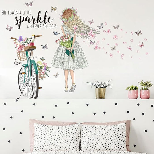 Bike Girl Wall Stickers Flower and Butterfly Wall Art Decal DIY Peel and Stick Motivational Quotes Wall Sticker for Home Decor Living Room TV Sofa Background Bathroom Girls Kids Bedroom Office Kitchen (B)