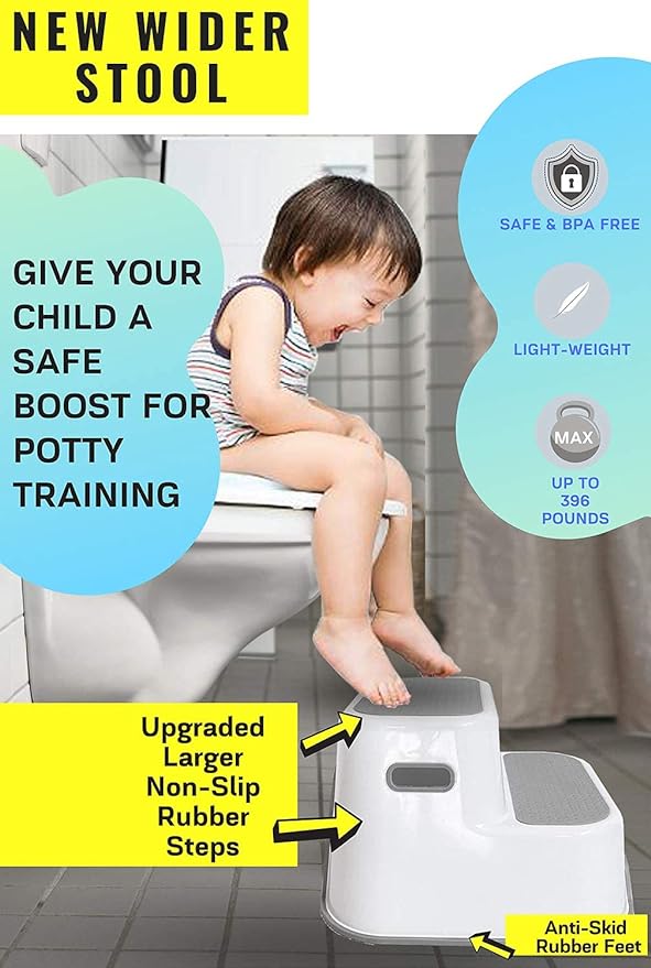 Wider Dual Height 2 Step Stool for Kids | Toddler's Stool for Potty Training and Use in The Bathroom or Kitchen | BPA-Free Strong Soft-Grip Steps for Comfort and Safety (1 Pack, Greige)