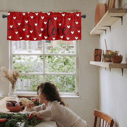 Vandarllin Valentines Day Hearts Valances Kitchen Curtains for Windows, Valentines Decor LOVE Rod Pocket Valances Red White Short Curtains for Bedroom/Living Room,54" X 18" -1 Panel