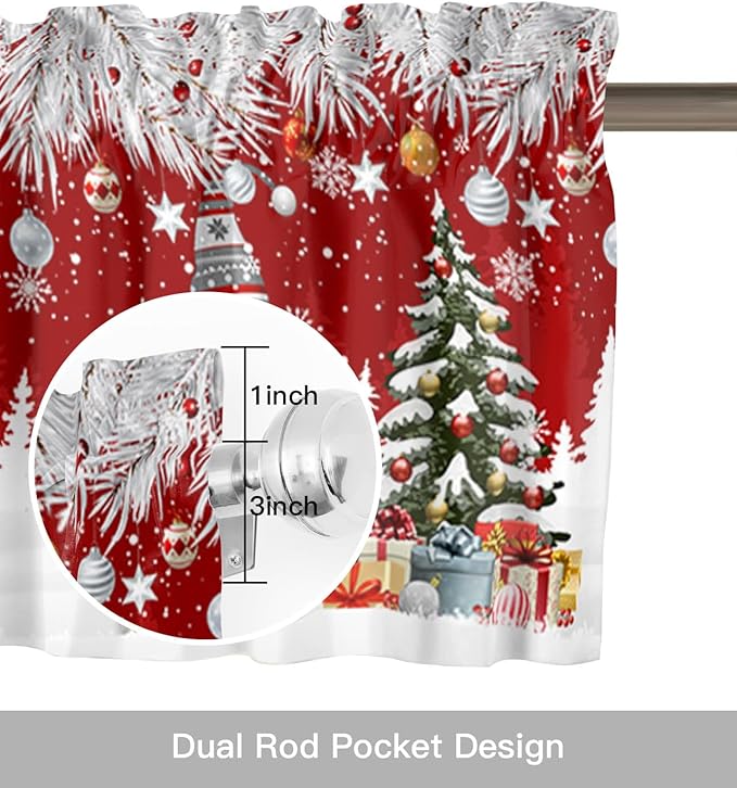 Vandarllin Christmas Gnome Kitchen Curtains and Valances Set, Winter Merry Christmas Tree Balls Windows Treatments Tiers Half/Short Curtains for Small Windows Cafe/Living Room/Bedroom 54x36 in Red