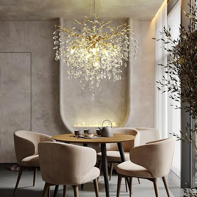 32 inch Crystal Chandelier for Dining Room, Round Gold Tree Branches Chandeliers, Top K9 Crystal Chandelier, Modern Chandeliers for Kitchen,Foyer Entryway,Luxury Adjustable Hanging Chandelier