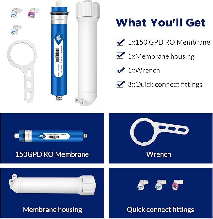 Membrane Solutions 150 GPD RO Membrane, Reverse Osmosis Membrane with Membrane Housing, Replacement for Under Sink Home Drinking RO Water Filter System, Wrench, 1/4" Quick-Connect Fittings,Check Valve