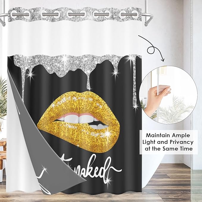 Yellow Gold Lips No Hook Shower Curtain with Snap in Liner, Diamond Glitter Get Naked Black Bath Curtain with Double Layers Waterproof Fabric and Mesh Top Window 71x74 Inch